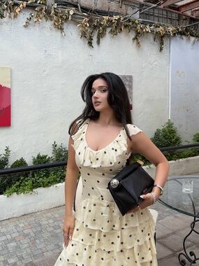 Zara Cream Polka Dot Tiered Ruffle Midi Dress Viral
